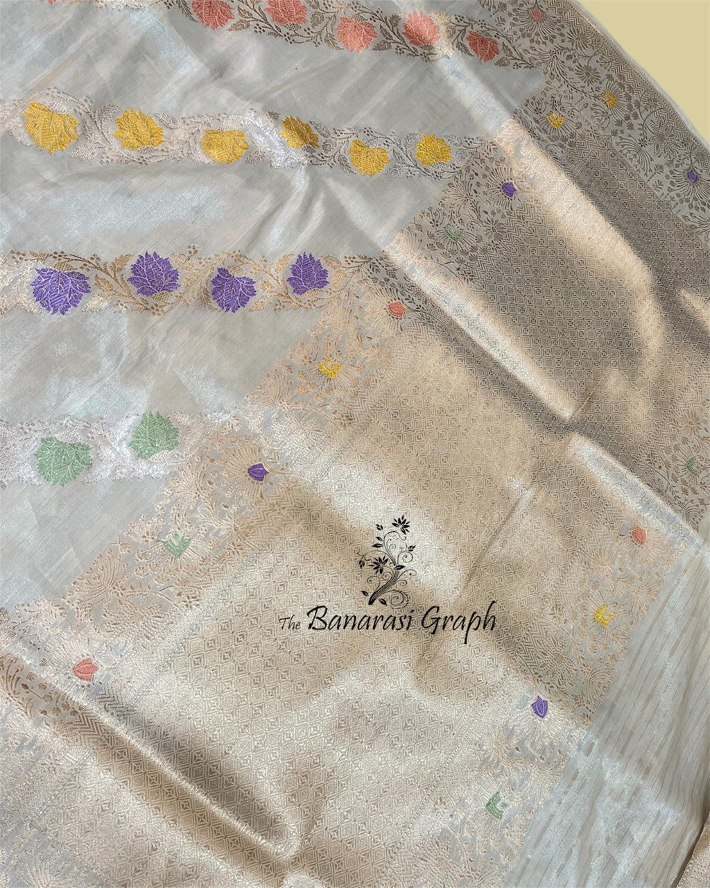 Cream Pure Tissue Handloom Silk Kadhua Strip With Meenakari - Banarasi Saree