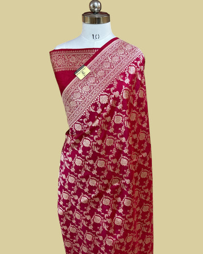 Red Pure Katan Handloom Silk - All Over Jaal Work Banarasi Saree