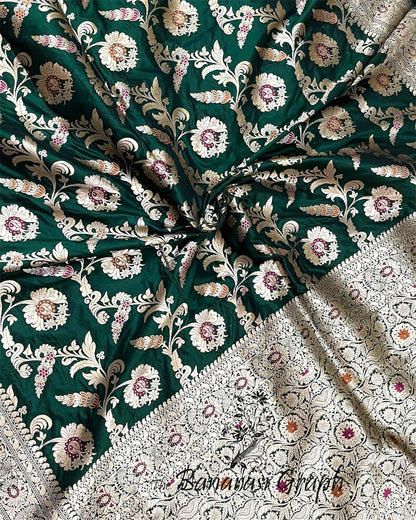 Dark Green Pure Katan Handloom Silk - All Over Jaal Work with Tilfi Meenakari Banarasi Saree