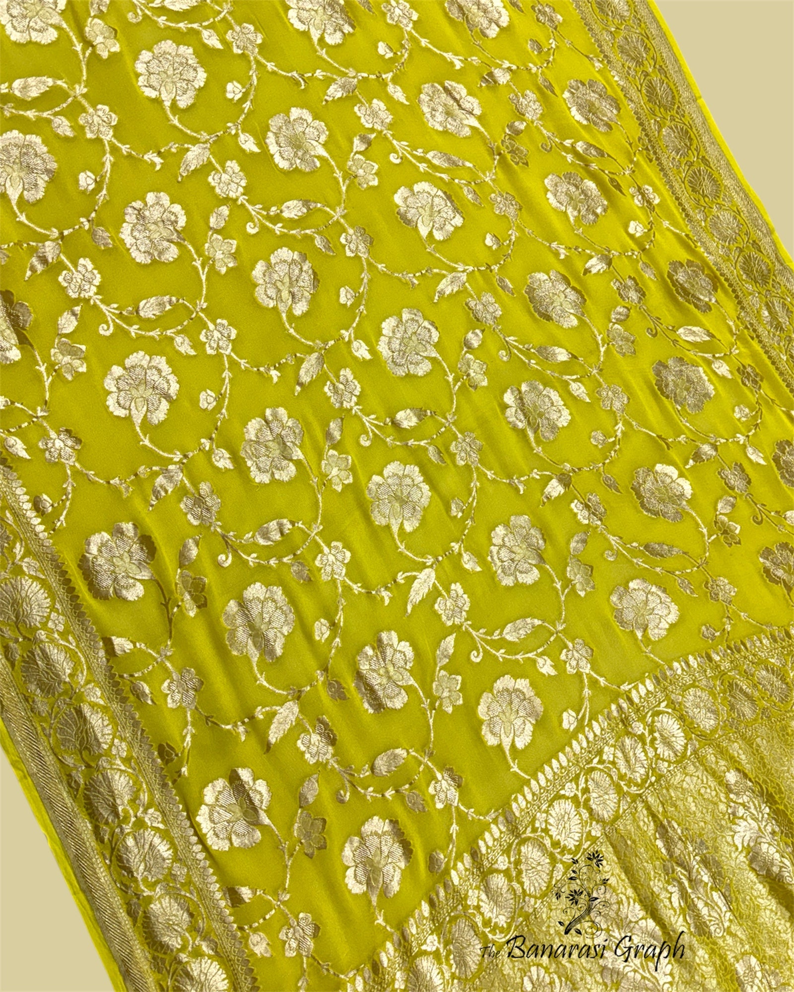 Yellow Khaddi Georgette Water Zari - All over Jaal Work Pure Banarasi Saree