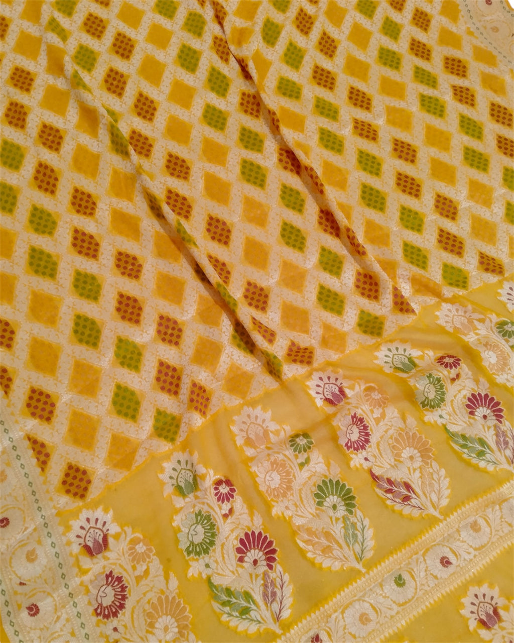 Yellow Khaddi Chiffon - Water Zari Multi Bhandej Pure Banarasi Saree