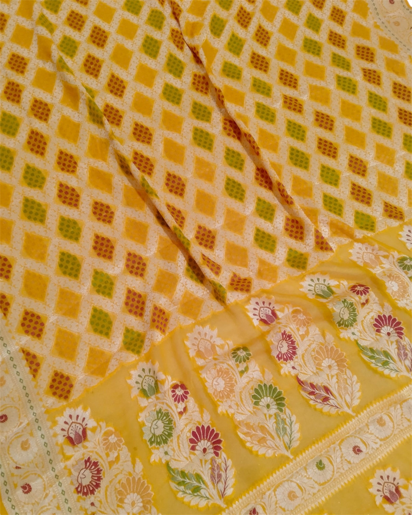 Yellow Khaddi Chiffon - Water Zari Multi Bhandej Pure Banarasi Saree