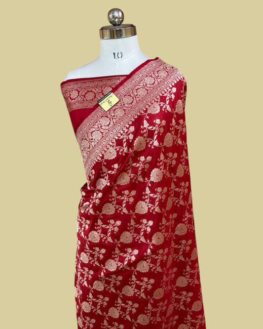 Red Pure Katan Uppada Handloom Silk - All Over Jaal Work Banarasi Saree