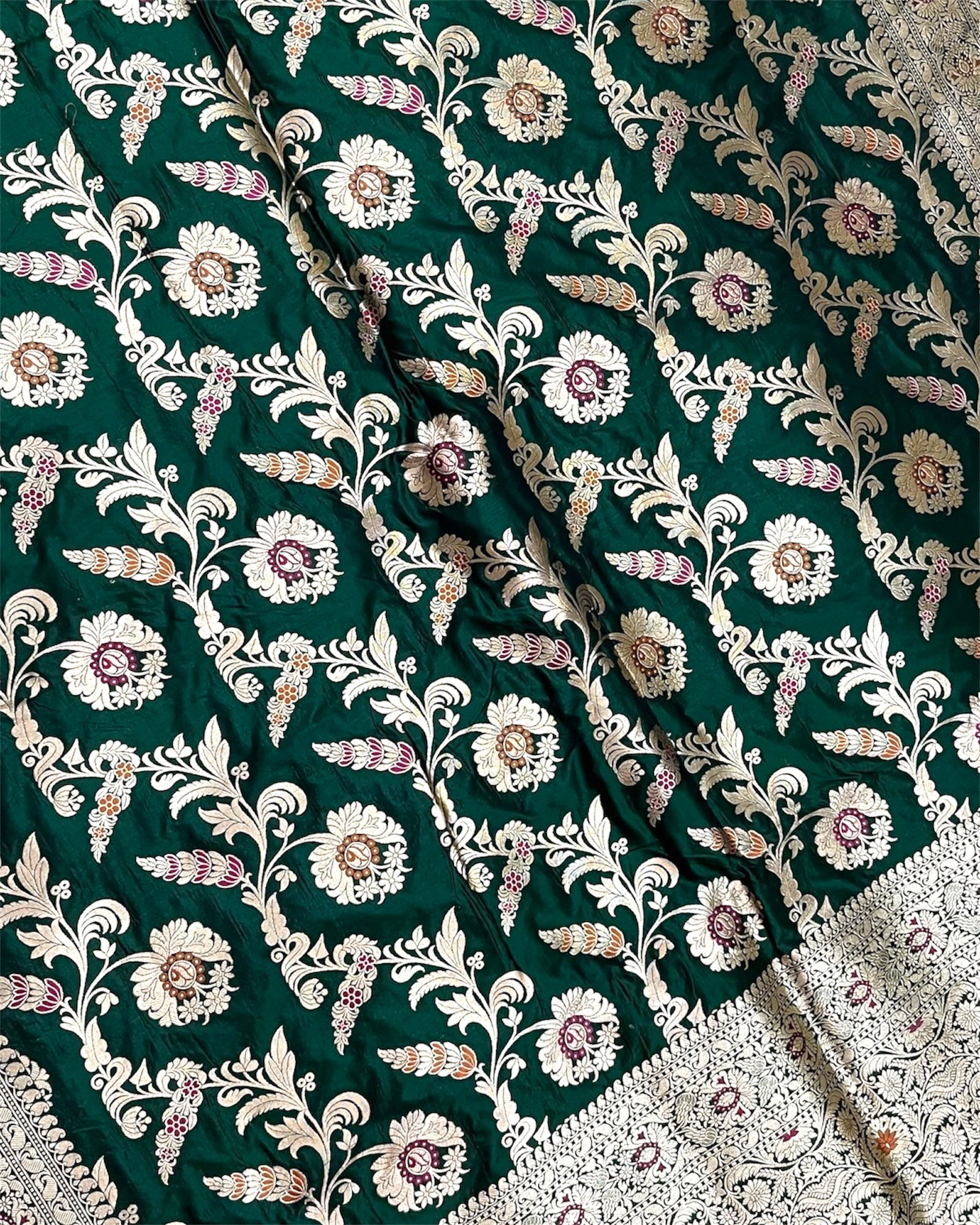 Dark Green Pure Katan Handloom Silk - All Over Jaal Work with Tilfi Meenakari Banarasi Saree