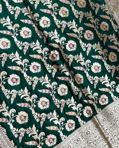 Dark Green Pure Katan Handloom Silk - All Over Jaal Work with Tilfi Meenakari Banarasi Saree