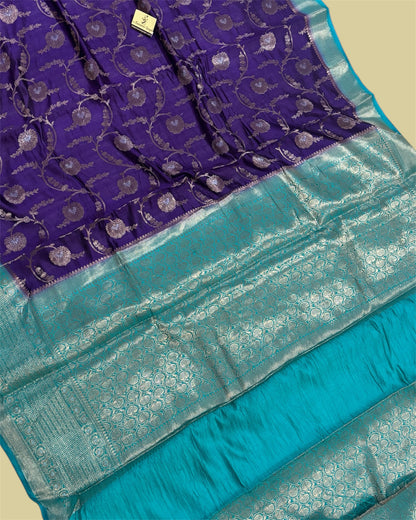 Dark Blue Pure Chiniya Silk - All Over Jaal Work Banarasi Saree