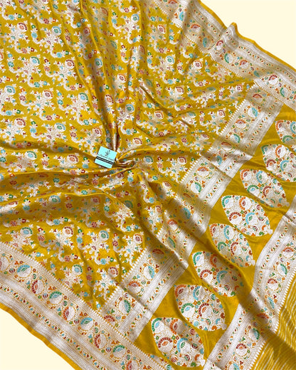 Yellow Pure Katan Handloom Silk - All Over Jaal Work with Meenakari Banarasi Saree