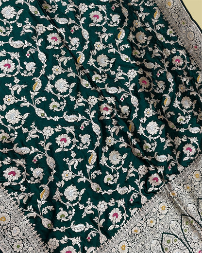 Dark Green Pure Katan Handloom Silk - All Over Jaal Work With Tilfi Meenakari