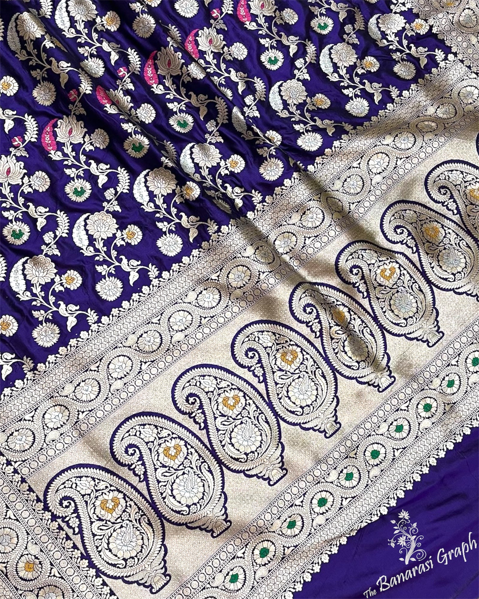 Dark Blue Pure Katan Handloom Silk - All Over Jaal Work With Tilfi Meenakari Banarasi Saree
