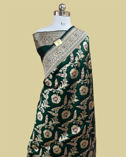 Dark Green Pure Katan Handloom Silk - All Over Jaal Work with Tilfi Meenakari Banarasi Saree