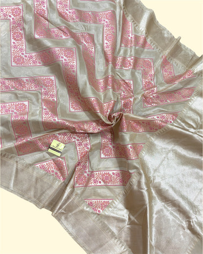 Tussar Pure Katan Handloom Silk - Zig Zag Jaal Work With Meenakari Banarasi Saree