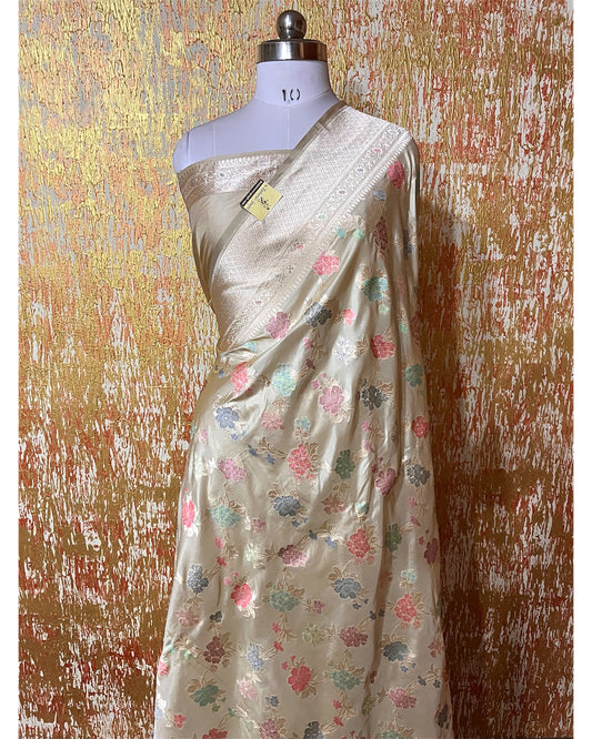 Tussar Pure Katan Handloom Silk - All Over Jaal Work with Meenakari Banarasi Saree