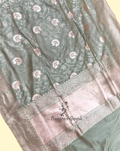 Pista Pure Katan Handloom Silk - All Over Jaal Work With Meenakari Banarasi Saree
