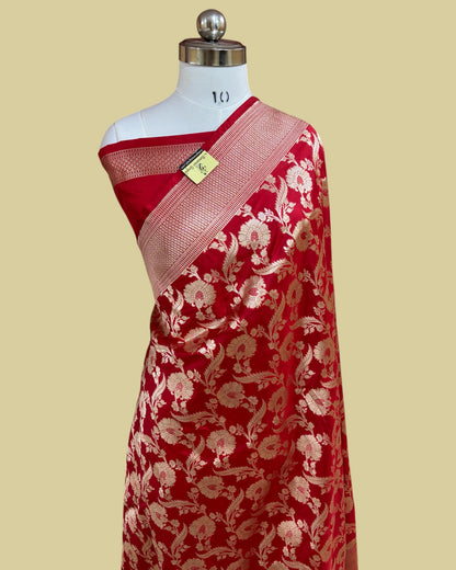 Red Pure Katan Uppada Handloom Silk - All Over Jaal Work Banarasi Saree