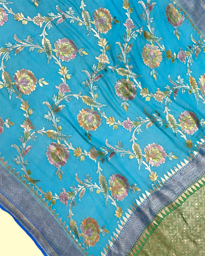 Pure Chiffon Georgette Water Zari Handloom - All Over Jaal Work with Meenakari Banarasi Saree