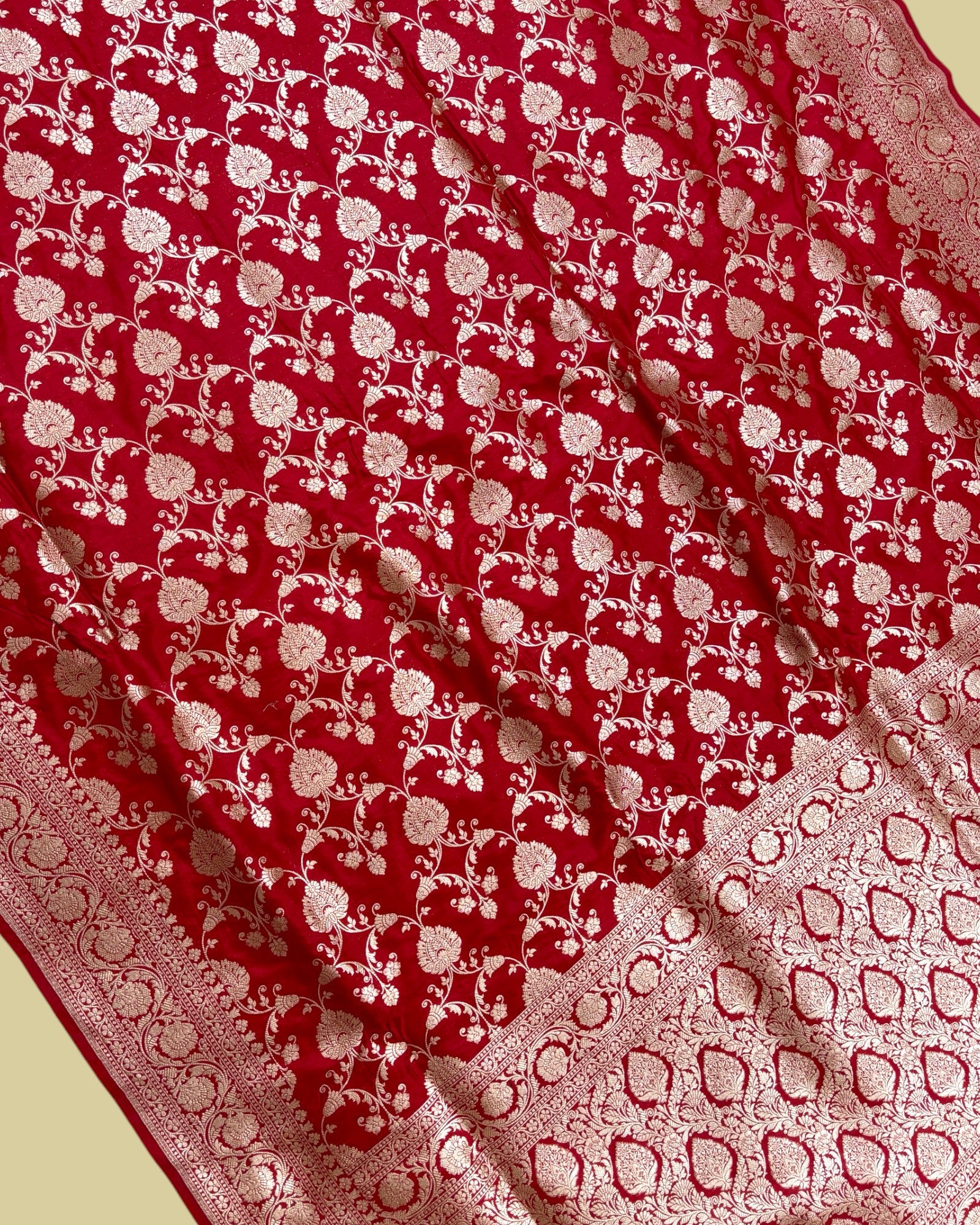 Red Pure Katan Handloom Silk - All Over Jaal Work Banarasi Saree