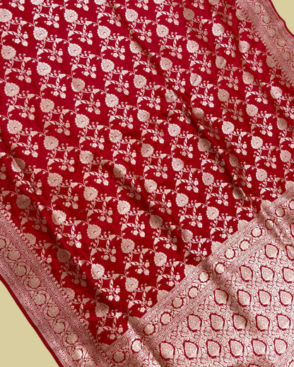 Red Pure Katan Uppada Handloom Silk - All Over Jaal Work Banarasi Saree