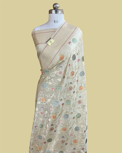 Cream Pure Katan Handloom Silk - All Over Jaal Work With Meenakari Banarasi Saree