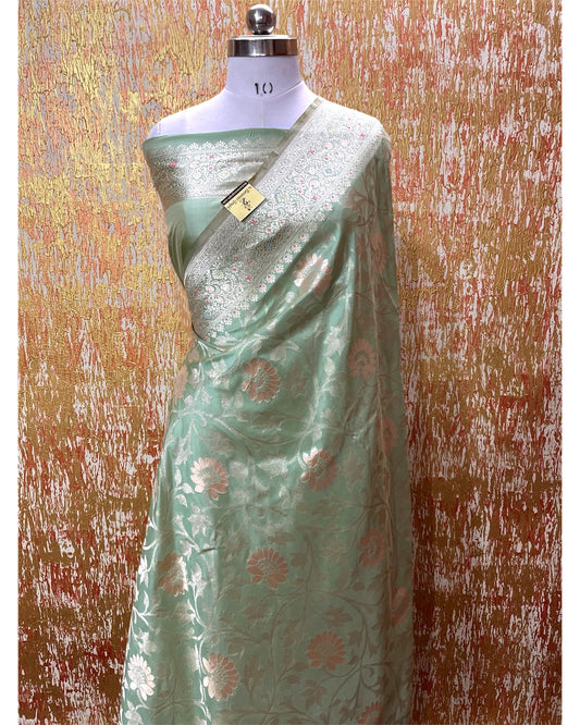 Pista Pure Katan Handloom Silk - All Over Jaal Work With Meenakari Banarasi Saree