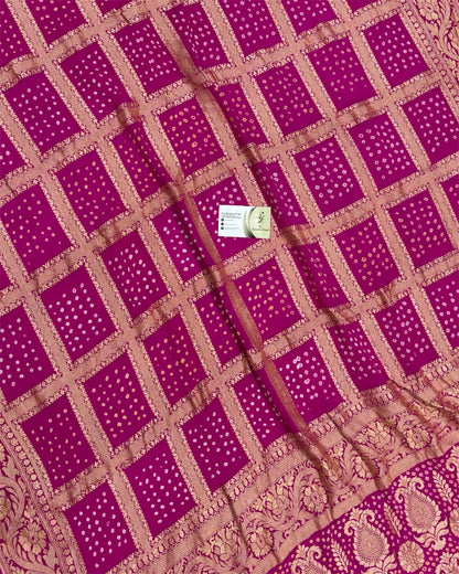 Hot Pink Pure Georgette Handloom Bhandej - Banarasi Saree