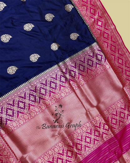 Dark Blue Pure Katan Handloom Silk - Kadhua Motifs All Over Boota Work Banarasi Saree