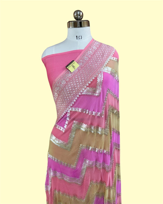 Pure Chiffon Georgette Water Zari Handloom - All Over Strip Banarasi Saree