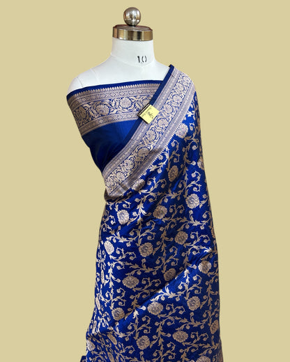 Royal Blue Pure Katan Uppada Handloom Silk - All Over Jaal Work Banarasi Saree