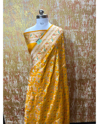 Yellow Pure Katan Handloom Silk - All Over Jaal Work with Meenakari Banarasi Saree