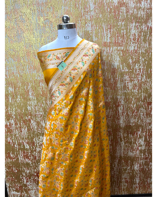 Yellow Pure Katan Handloom Silk - All Over Jaal Work with Meenakari Banarasi Saree