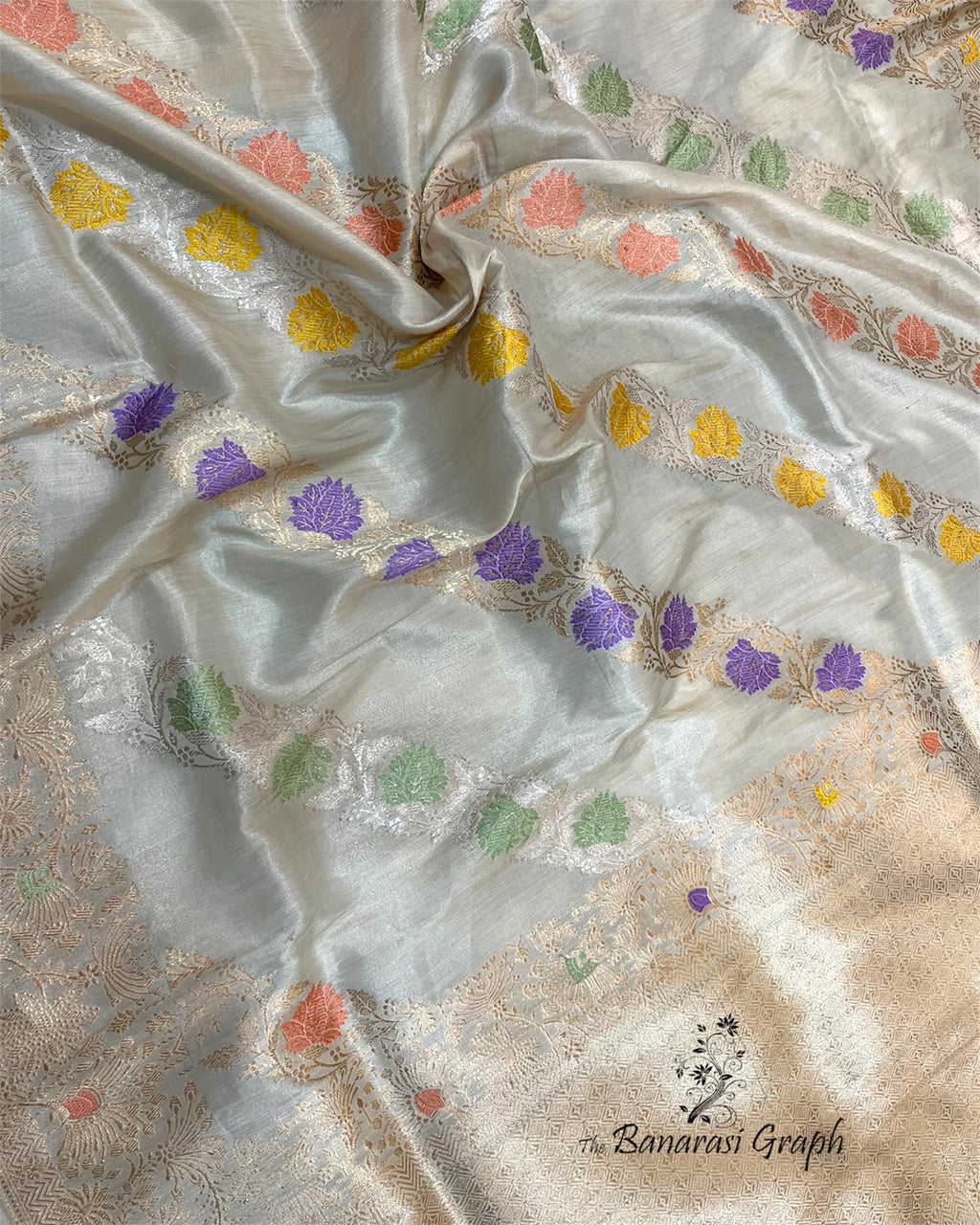 Cream Pure Tissue Handloom Silk Kadhua Strip With Meenakari - Banarasi Saree