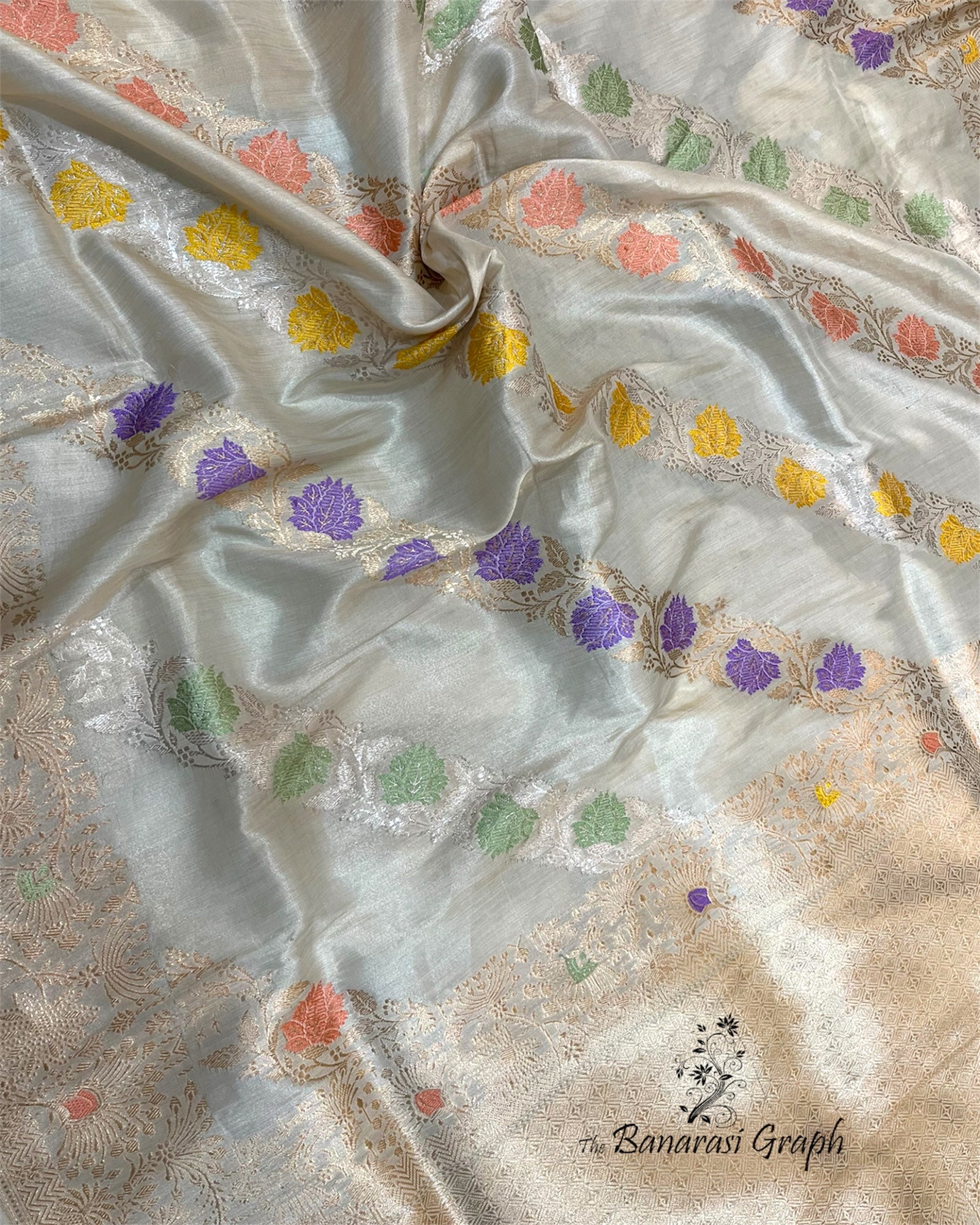Cream Pure Tissue Handloom Silk Kadhua Strip With Meenakari - Banarasi Saree