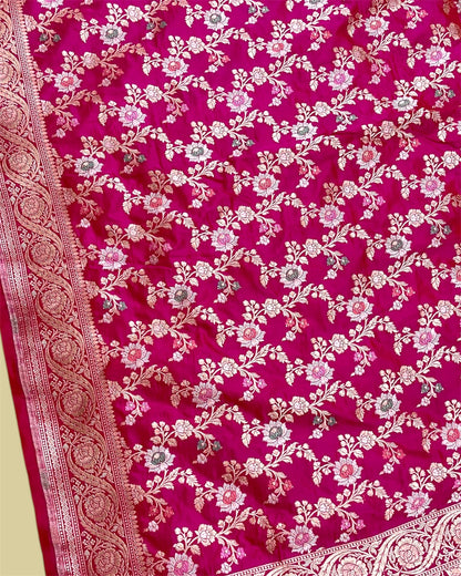 Hot Pink Pure Katan Handloom Silk - All Over Jaal Work With Tilfi Meenakari Banarasi Saree