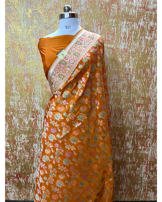 Rust Pure Katan Handloom Silk - All Over Jaal Work with Meenakari Banarasi Saree