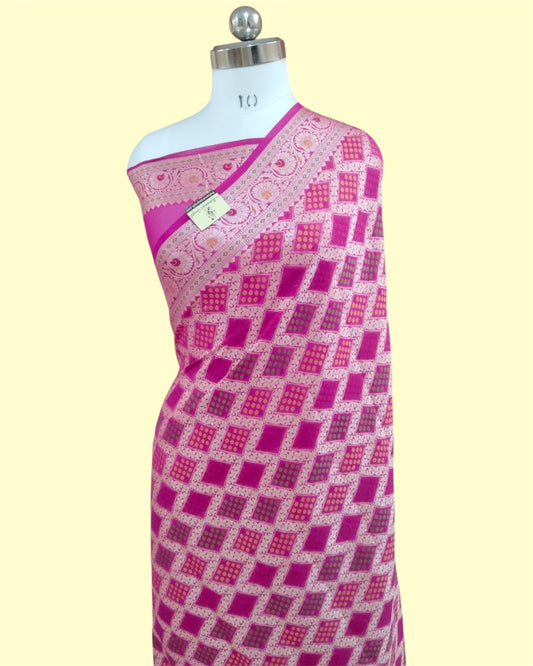 Pink Pure Khaddi Georgette Water Zari Multi Bhandej Banarasi Saree