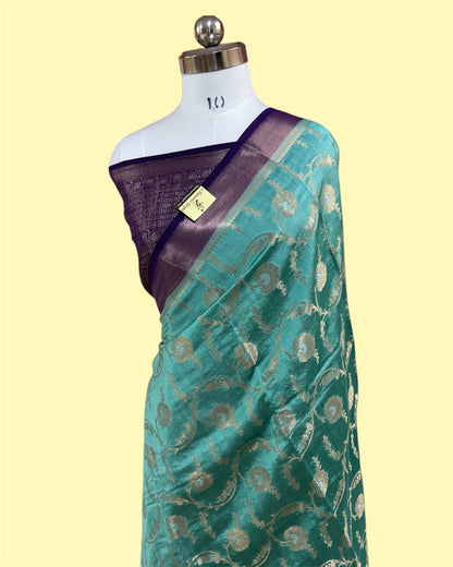 C Green Pure Chiniya Silk - All Over Jaal Work Banarasi Saree