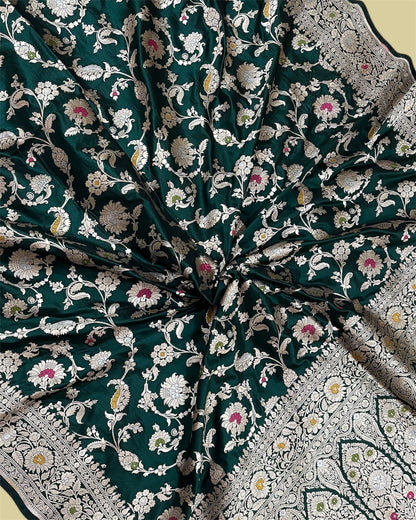 Dark Green Pure Katan Handloom Silk - All Over Jaal Work With Tilfi Meenakari