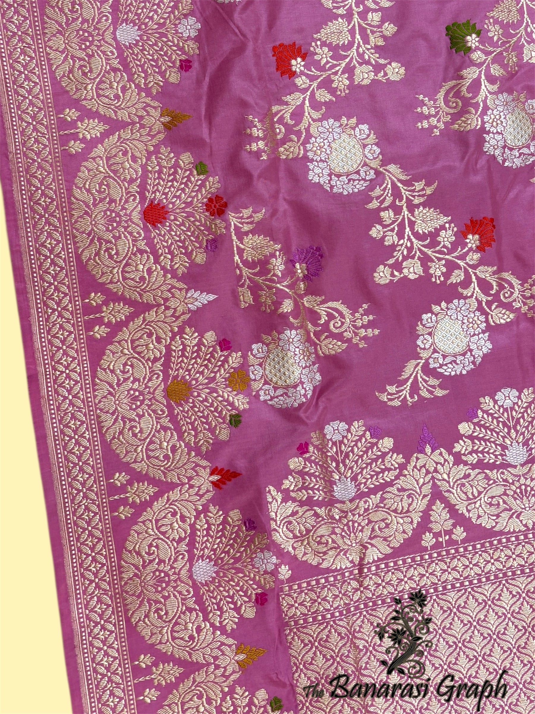 Pink Pure Katan Handloom Silk - All Over Jaal Work Kadhua Motifs with Meenakari Sona Rupa Banarasi Saree