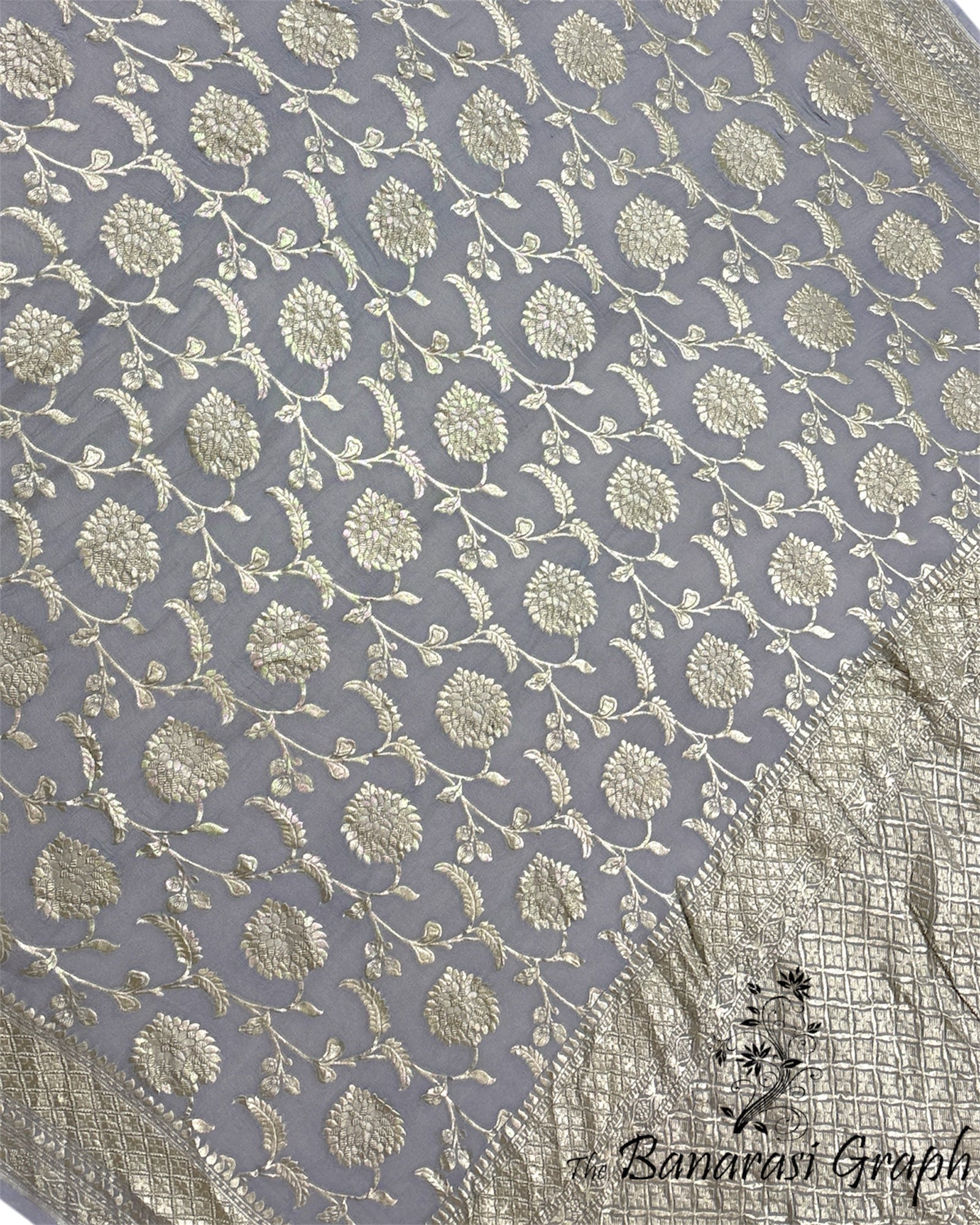 Grey Khaddi Georgette Water Zari - All Over Jaal Work Pure Banarasi Saree