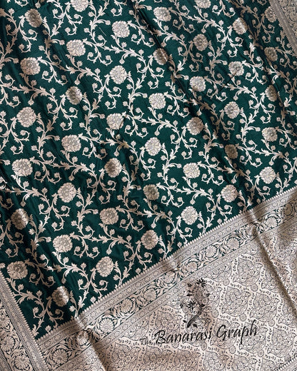 Dark Green Pure Katan Uppada Handloom Silk - All Over Jaal Work Banarasi Saree