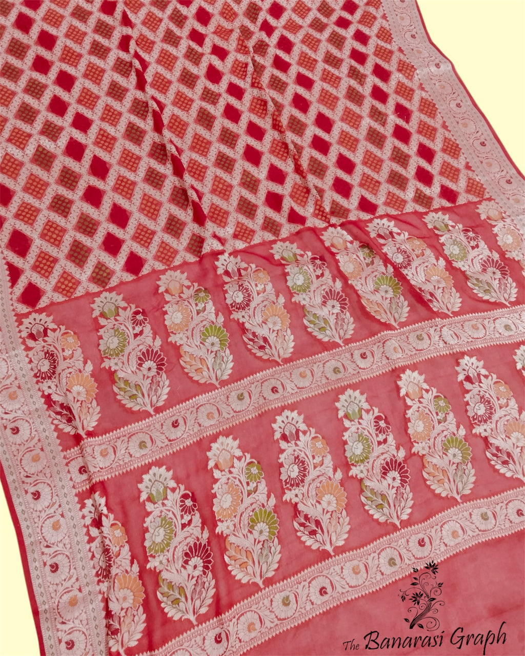 Red Khaddi Chiffon - Water Zari Multi Bhandej Pure Banarasi Saree