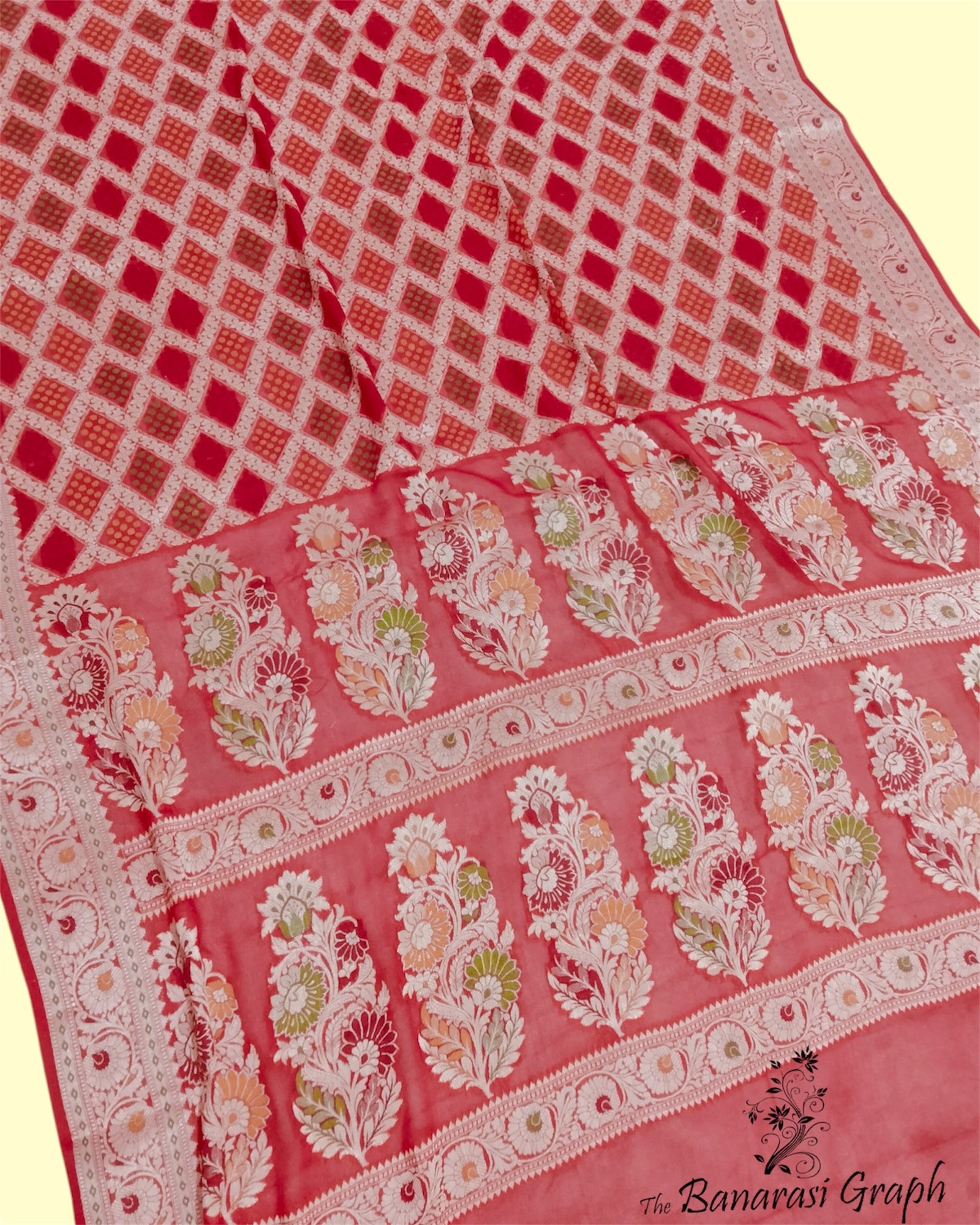 Red Khaddi Chiffon - Water Zari Multi Bhandej Pure Banarasi Saree