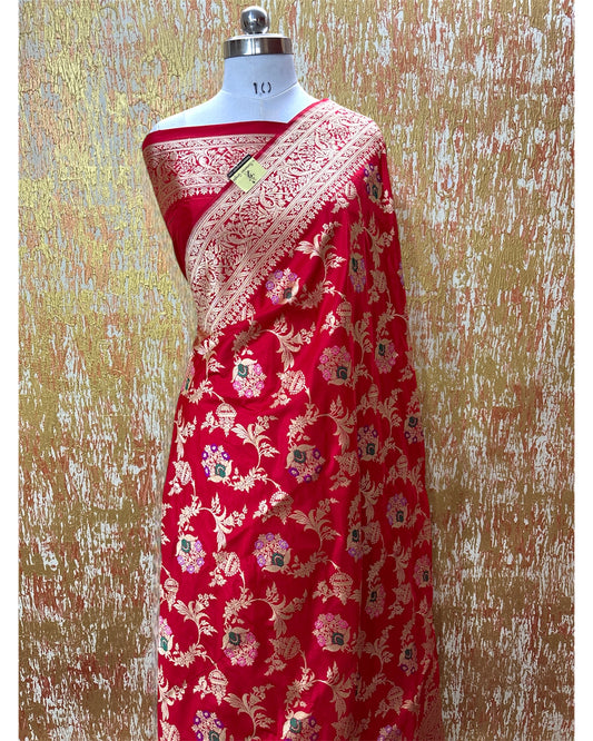 Red Pure Katan Handloom Silk - Kadhua Motifs All Over Jaal Work With Meenakari Banarasi Saree