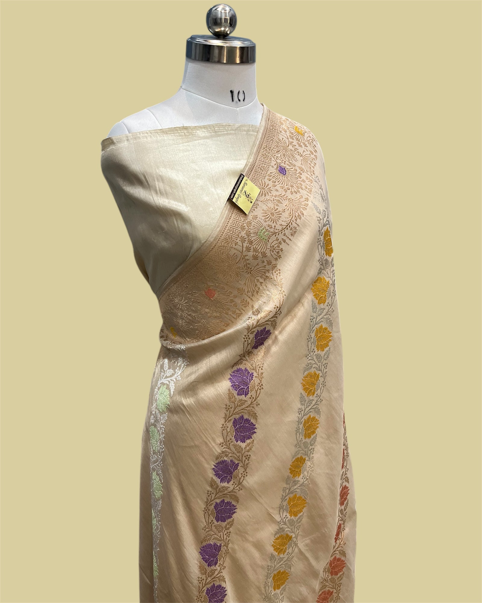 Cream Pure Tissue Handloom Silk Kadhua Strip With Meenakari - Banarasi Saree