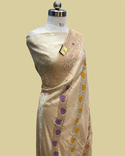 Cream Pure Tissue Handloom Kadhua Strip With Meenakari - Banarasi Saree