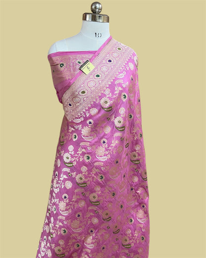 Pink Pure Katan Handloom Silk - All Over Jaal Work With Tilfi Meenakari Banarasi Saree