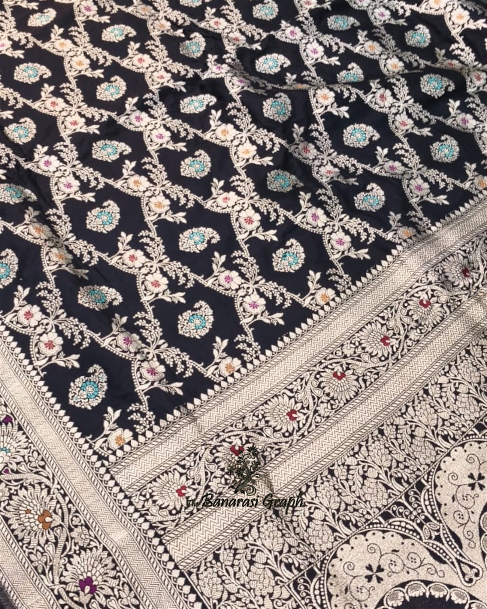 Black Pure Katan Handloom Silk - All Over Jaal Work with Meenakari Banarasi Saree