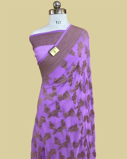 Purple Pure Khaddi Georgette Antique Zari - All Over Jaal Work Banarasi Saree