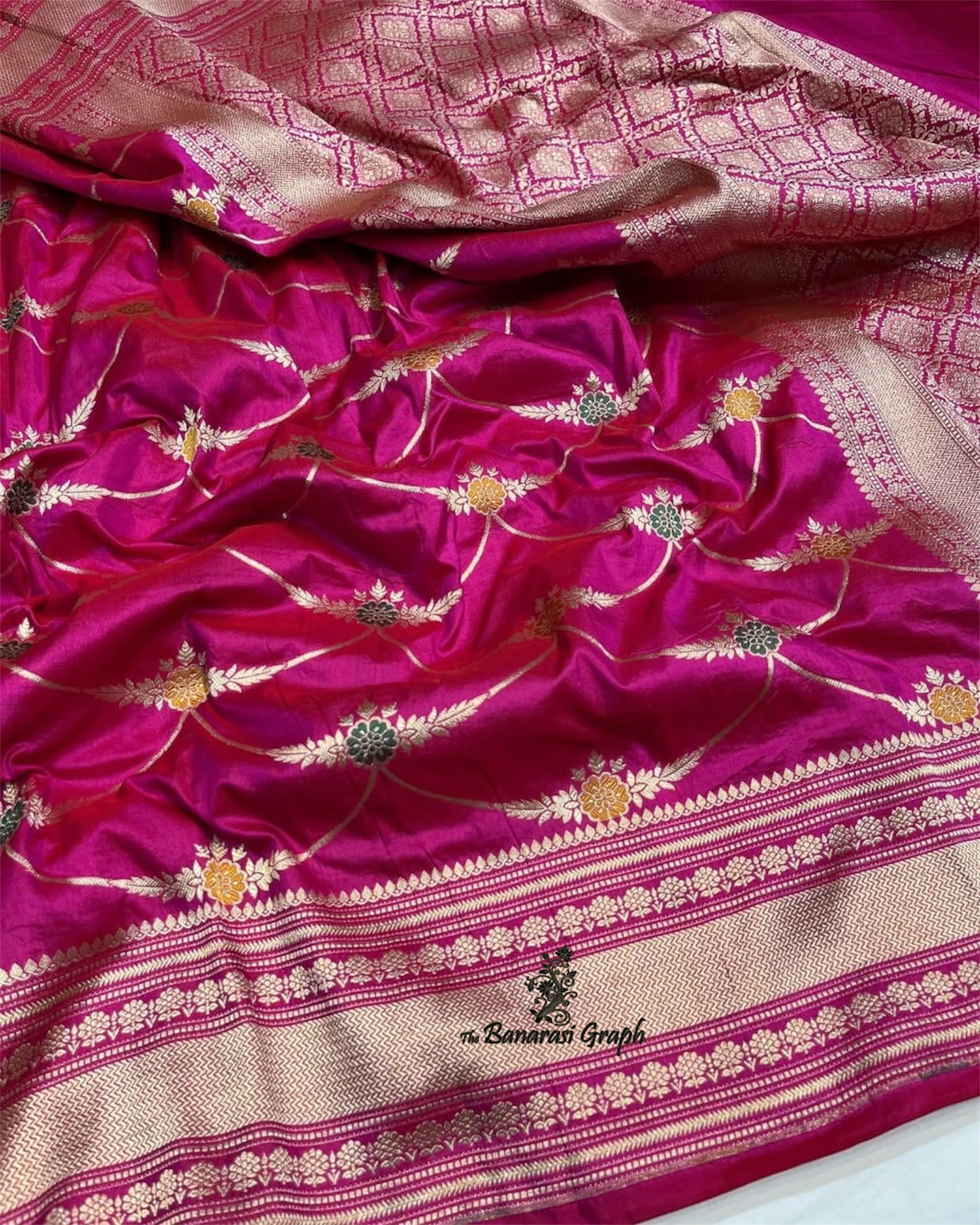 Hot Pink Pure Katan Handloom Silk - All Over Jaal Work with Meenakari Banarasi Saree