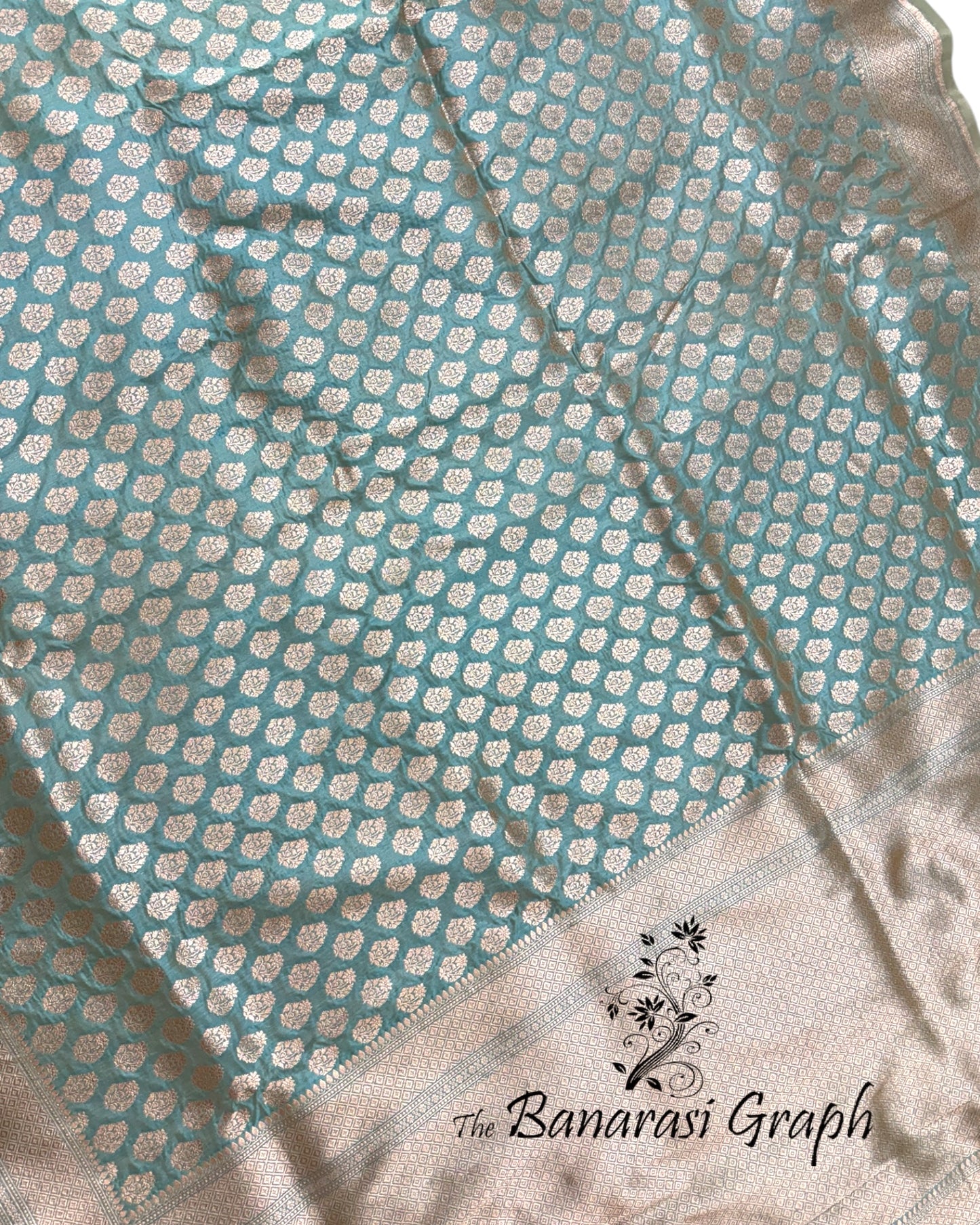 Aqua Blue Pure Katan Uppada Handloom Silk - All Over Booti Work Banarasi Saree