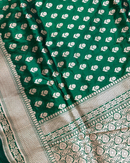 Green Pure Katan Handloom Silk - All Over Booti Work Banarasi Saree